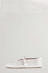 Faux Leather Crystal-Embellished Buckled Ballet Flats - White
